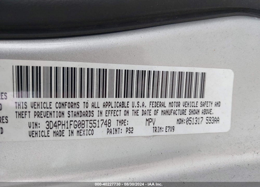2011 DODGE JOURNEY MAINSTREET VIN: 3D4PH1FG0BT551748