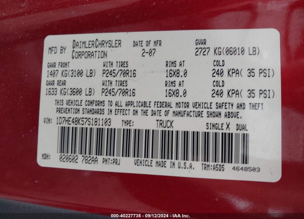 2007 DODGE DAKOTA SLT VIN: 1D7HE48K57S181103