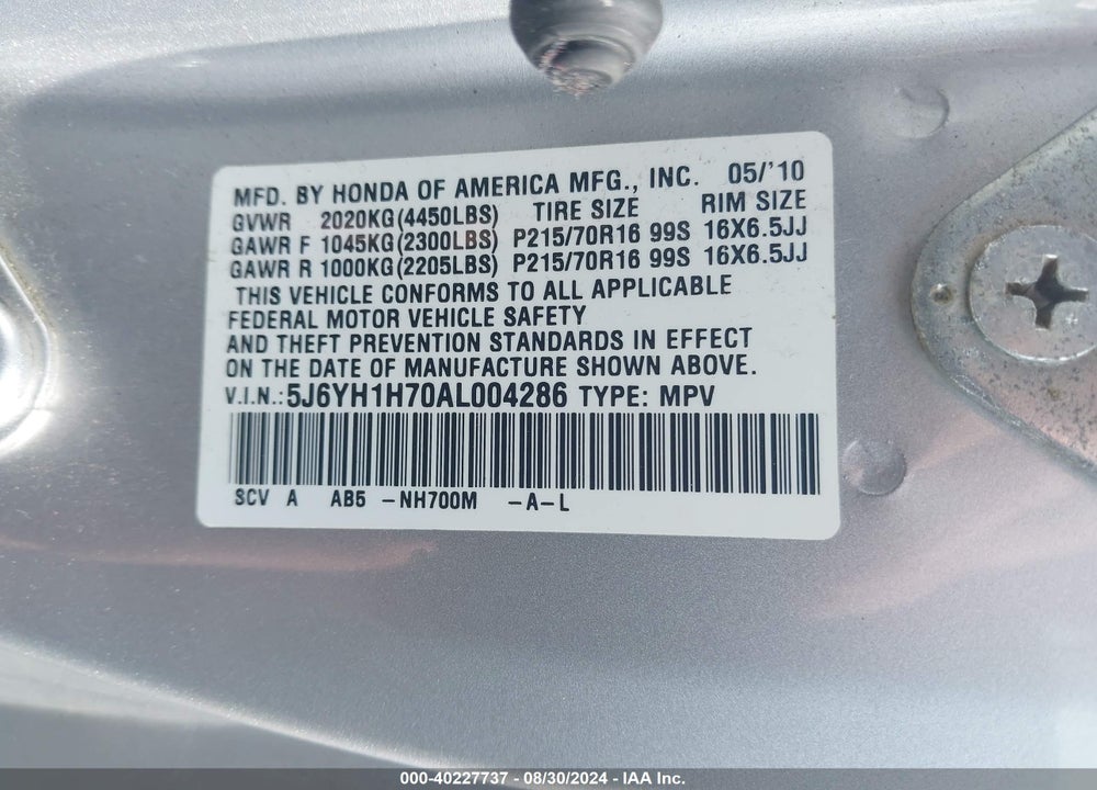 2010 HONDA ELEMENT EX VIN: 5J6YH1H70AL004286