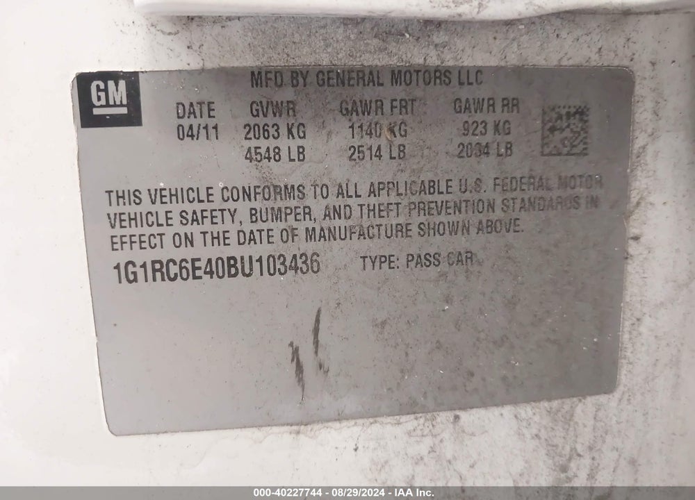 2011 CHEVROLET VOLT VIN: 1G1RC6E40BU103436