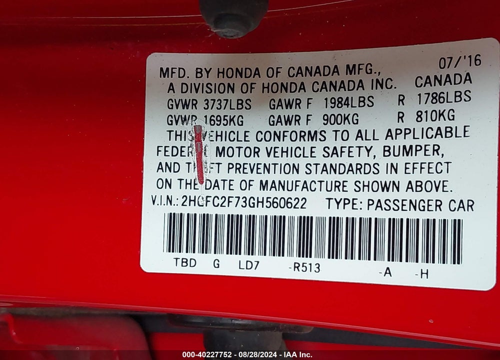 2016 HONDA CIVIC VIN: 2HGFC2F73GH560622