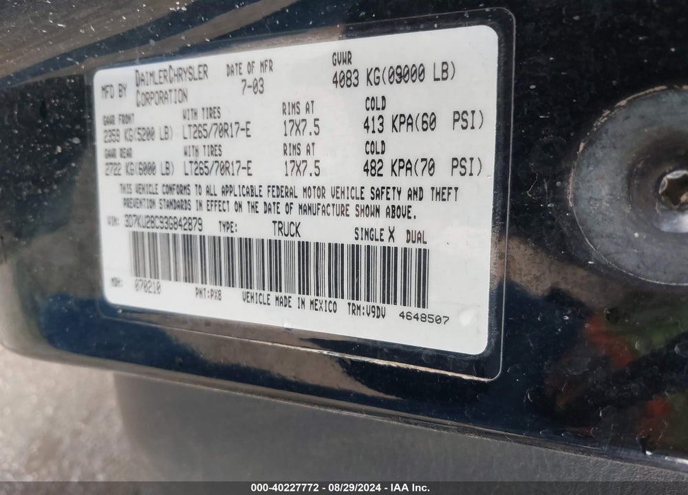 2003 DODGE RAM 2500 SLT/LARAMIE/ST VIN: 3D7KU28C93G842879