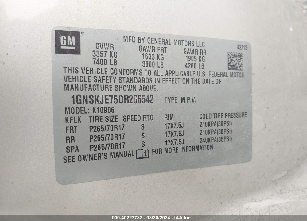 2013 CHEVROLET SUBURBAN 1500 LT VIN: 1GNSKJE75DR266542