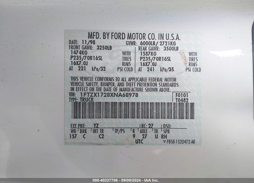 1999 FORD F-150 WORK SERIES/XL/XLT VIN: 1FTZX1728XNA68978