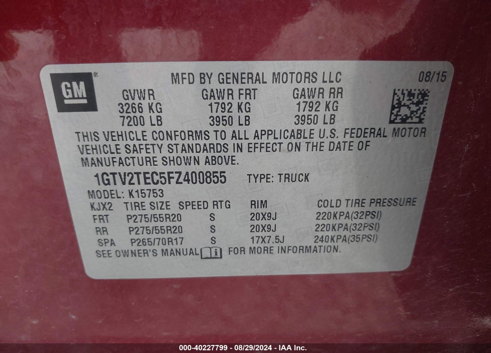 2015 GMC SIERRA 1500 VIN: 1GTV2TEC5FZ400855