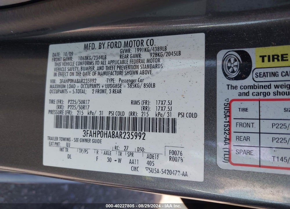 2010 FORD FUSION SE VIN: 3FAHP0HA8AR235992