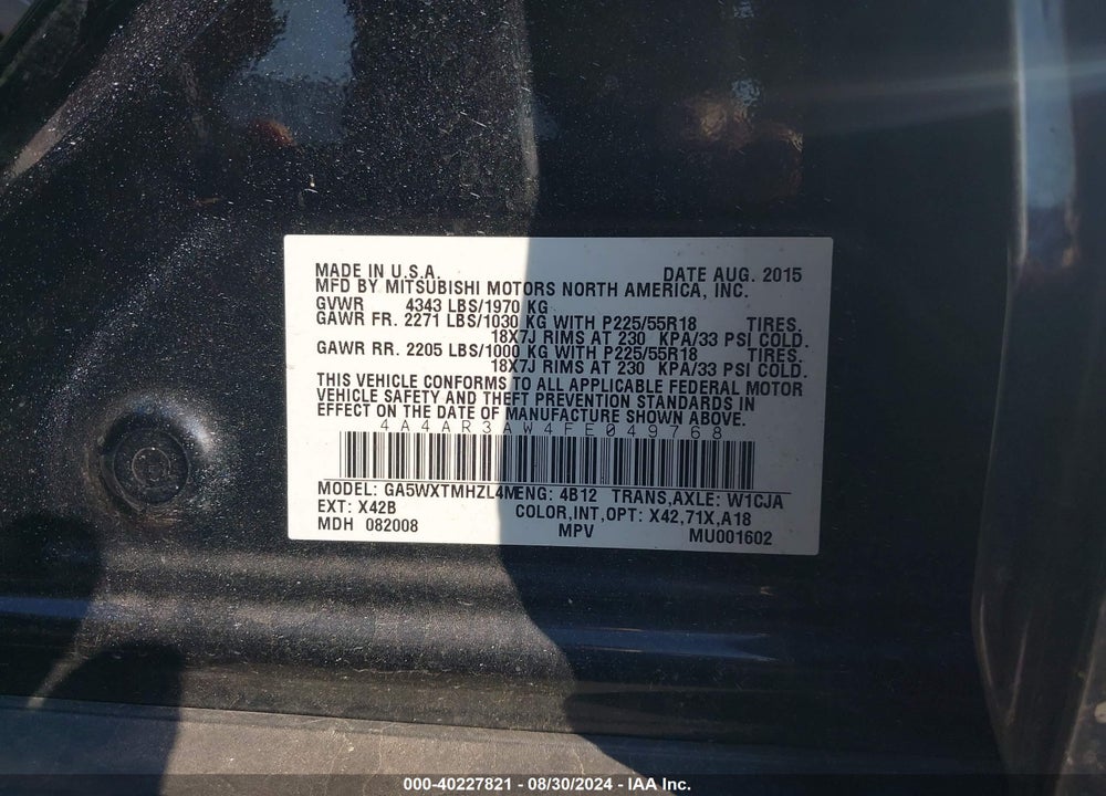 2015 MITSUBISHI OUTLANDER SPORT ES VIN: 4A4AR3AW4FE049768