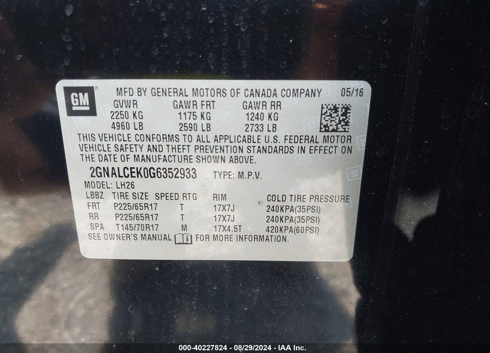 2016 CHEVROLET EQUINOX LT VIN: 2GNALCEK0G6352933
