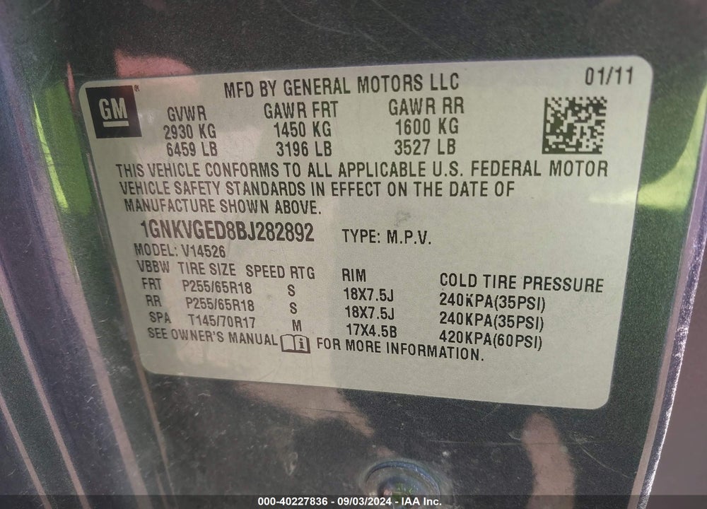 2011 CHEVROLET TRAVERSE 1LT VIN: 1GNKVGED8BJ282892