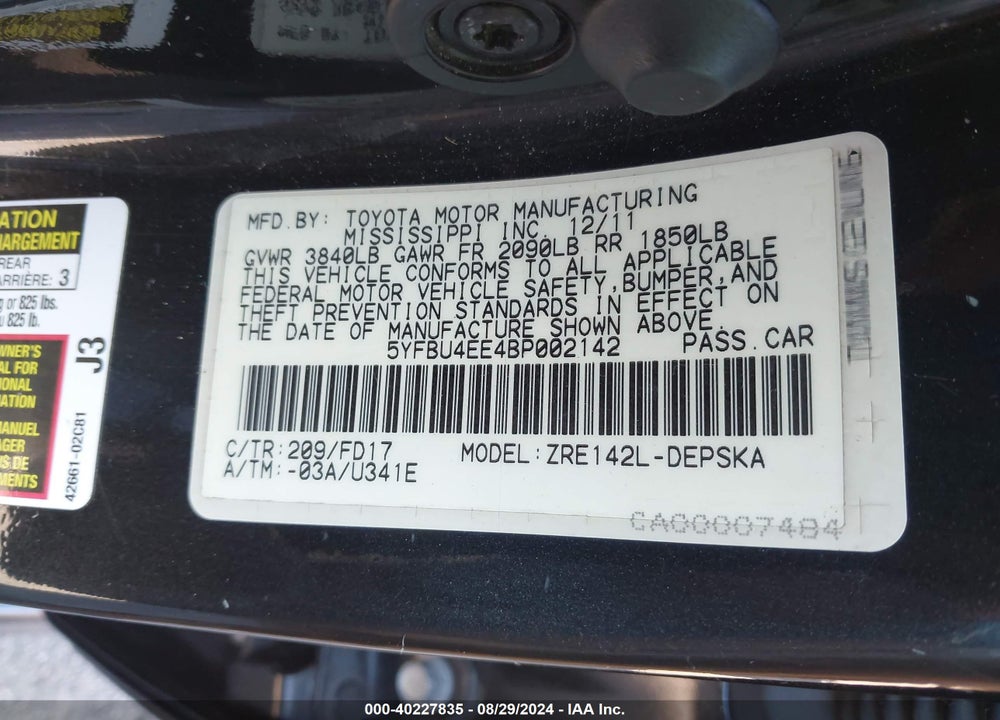 2011 TOYOTA COROLLA VIN: 5YFBU4EE4BP002142