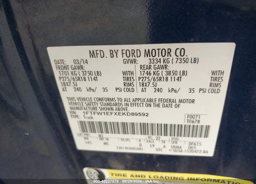2014 FORD F-150 XLT VIN: 1FTFW1EFXEKD89592