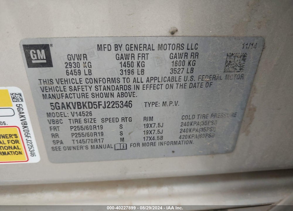 2015 BUICK ENCLAVE LEATHER VIN: 5GAKVBKD5FJ225346