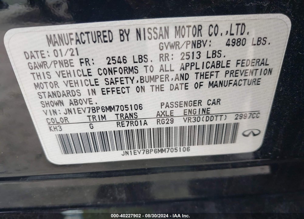 2021 INFINITI Q50 LUXE VIN: JN1EV7BP6MM705106