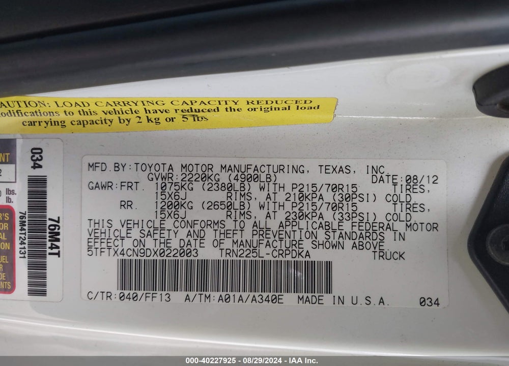 2013 TOYOTA TACOMA VIN: 5TFTX4CN9DX022003