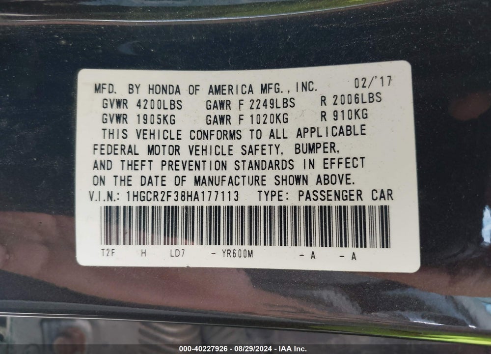 2017 HONDA ACCORD LX VIN: 1HGCR2F38HA177113