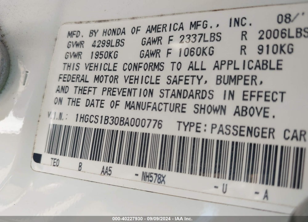 2011 HONDA ACCORD 2.4 LX-S VIN: 1HGCS1B30BA000776