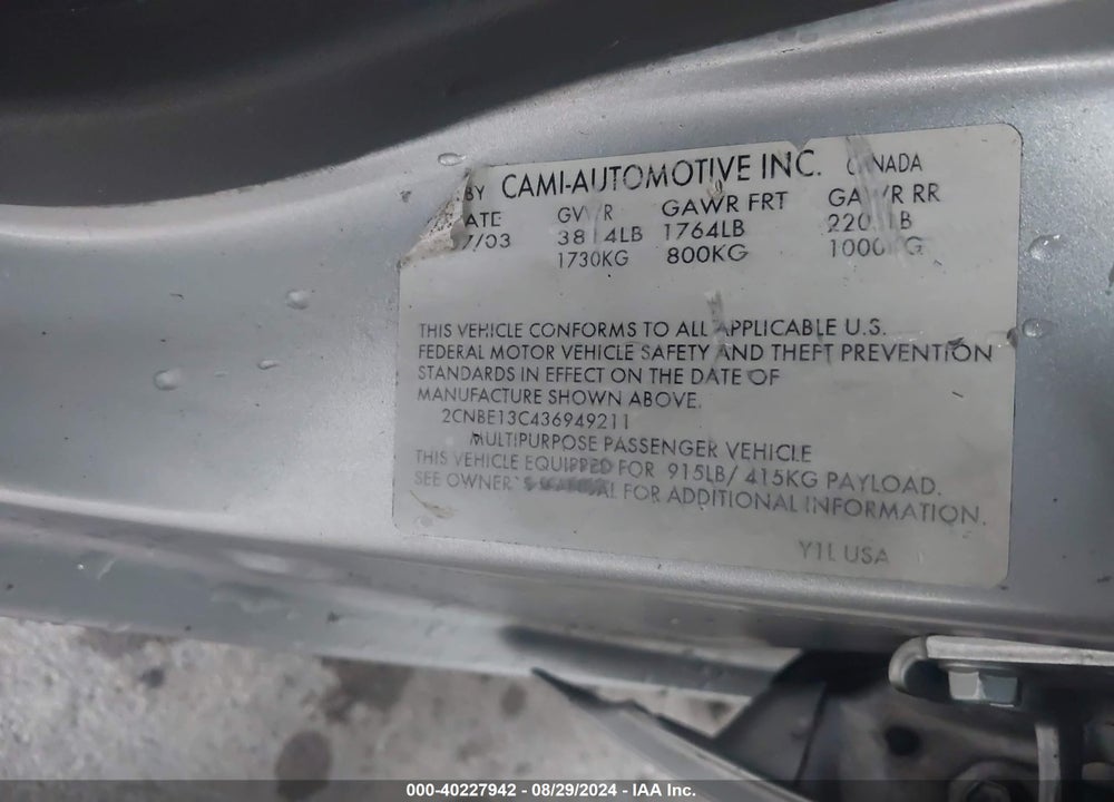 2003 CHEVROLET TRACKER HARD TOP BASE VIN: 2CNBE13C436949211