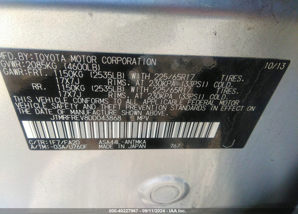2013 TOYOTA RAV4 XLE VIN: JTMRFREV8DD043868