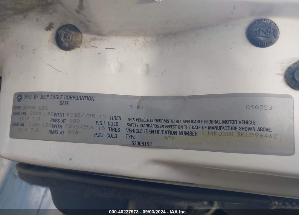 1989 JEEP CHEROKEE VIN: 1J4FJ58L3KL596462