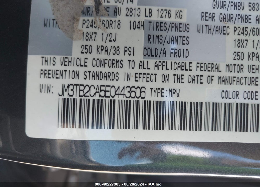 2014 MAZDA CX-9 TOURING VIN: JM3TB2CA5E0443606