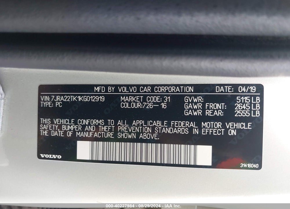 2019 VOLVO S60 T6 MOMENTUM VIN: 7JRA22TK1KG012919