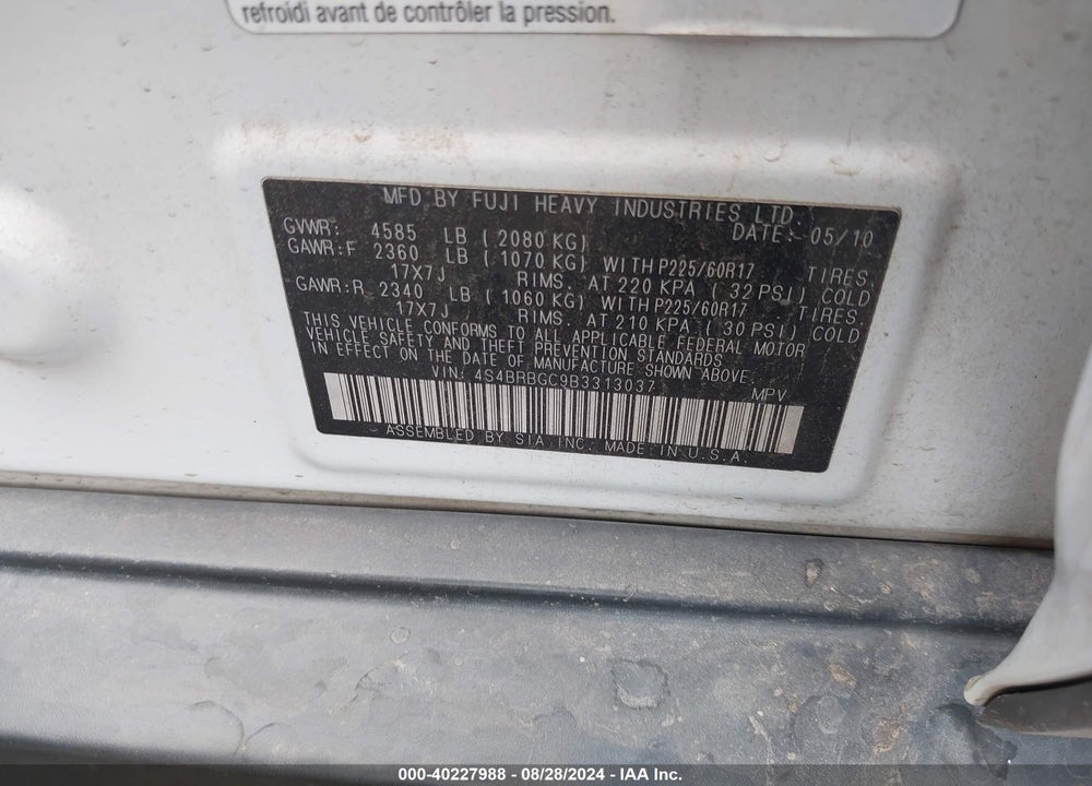 2011 SUBARU OUTBACK 2.5I PREMIUM VIN: 4S4BRBGC9B3313037