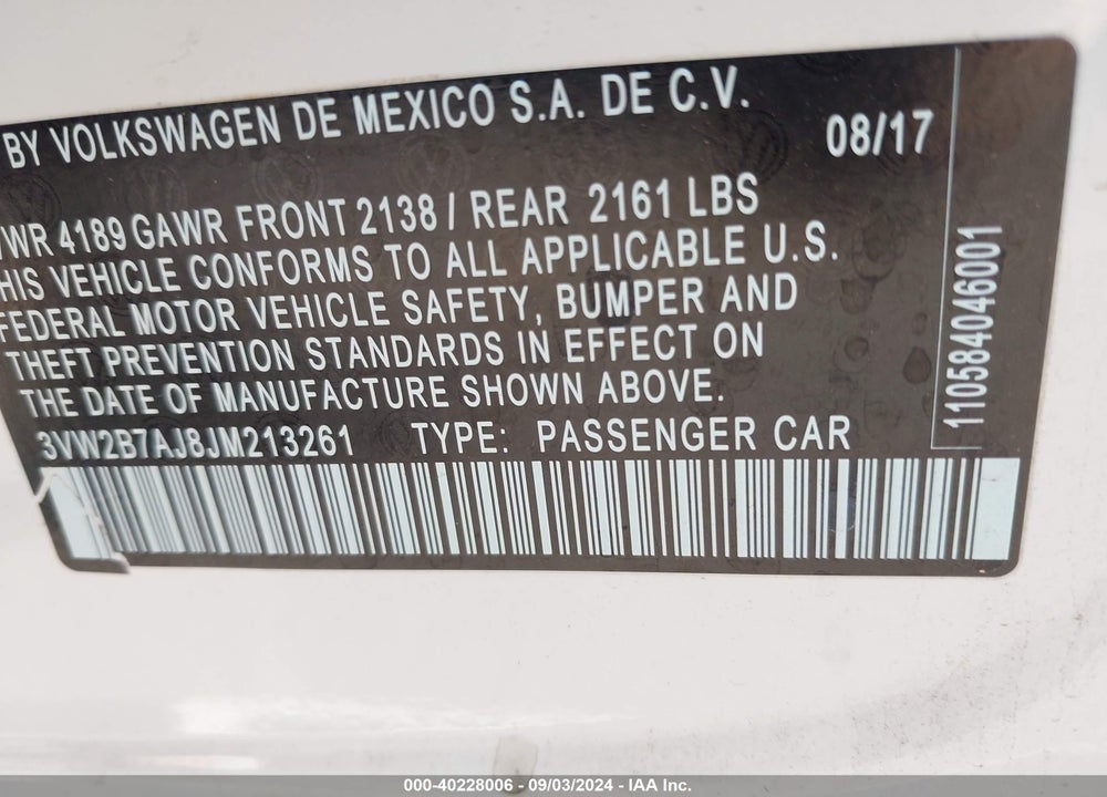 2018 VOLKSWAGEN JETTA 1.4T S VIN: 3VW2B7AJ8JM213261