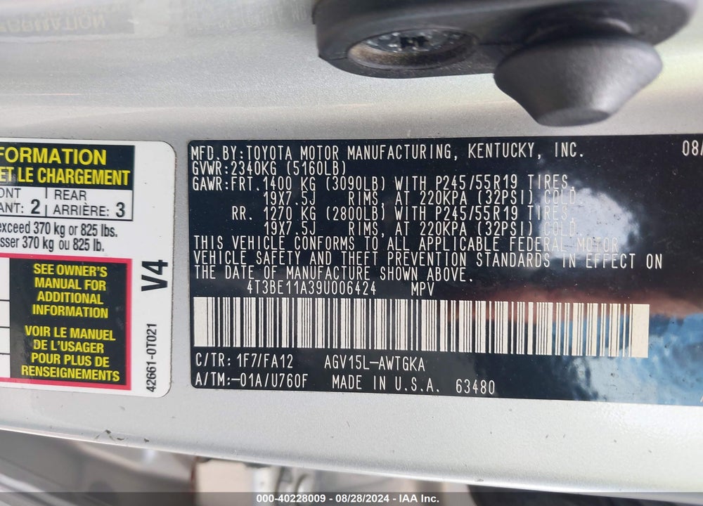 2009 TOYOTA VENZA VIN: 4T3BE11A39U006424