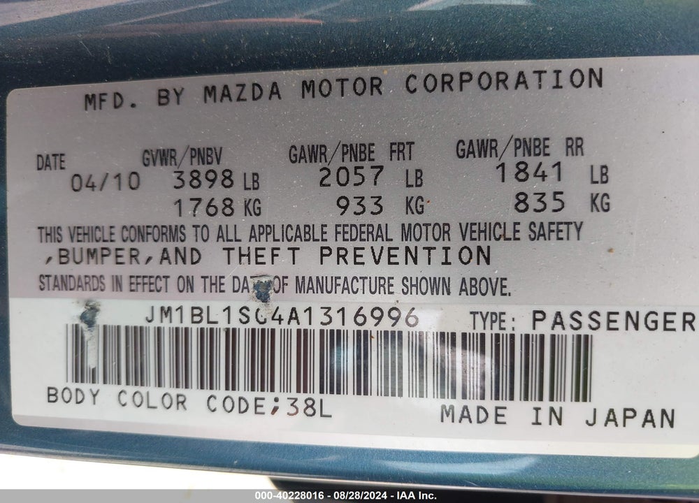2010 MAZDA 3 I TOURING VIN: JM1BL1SG4A1316996