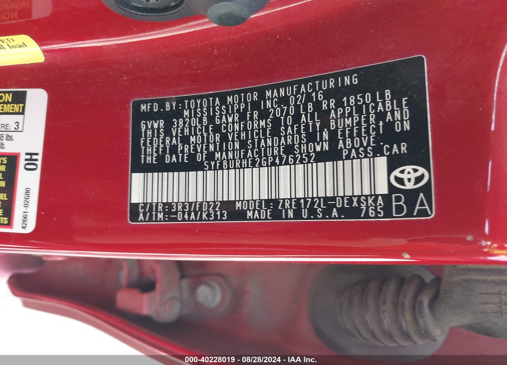 2016 TOYOTA COROLLA S PLUS VIN: 5YFBURHE2GP476252
