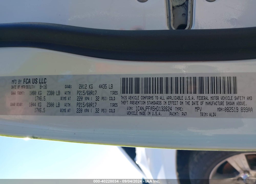 2017 JEEP PATRIOT HIGH ALTITUDE FWD VIN: 1C4NJPFA5HD132624