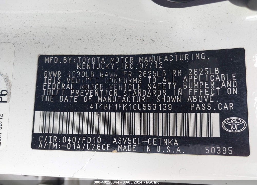 2012 TOYOTA CAMRY LE VIN: 4T1BF1FK1CU553139