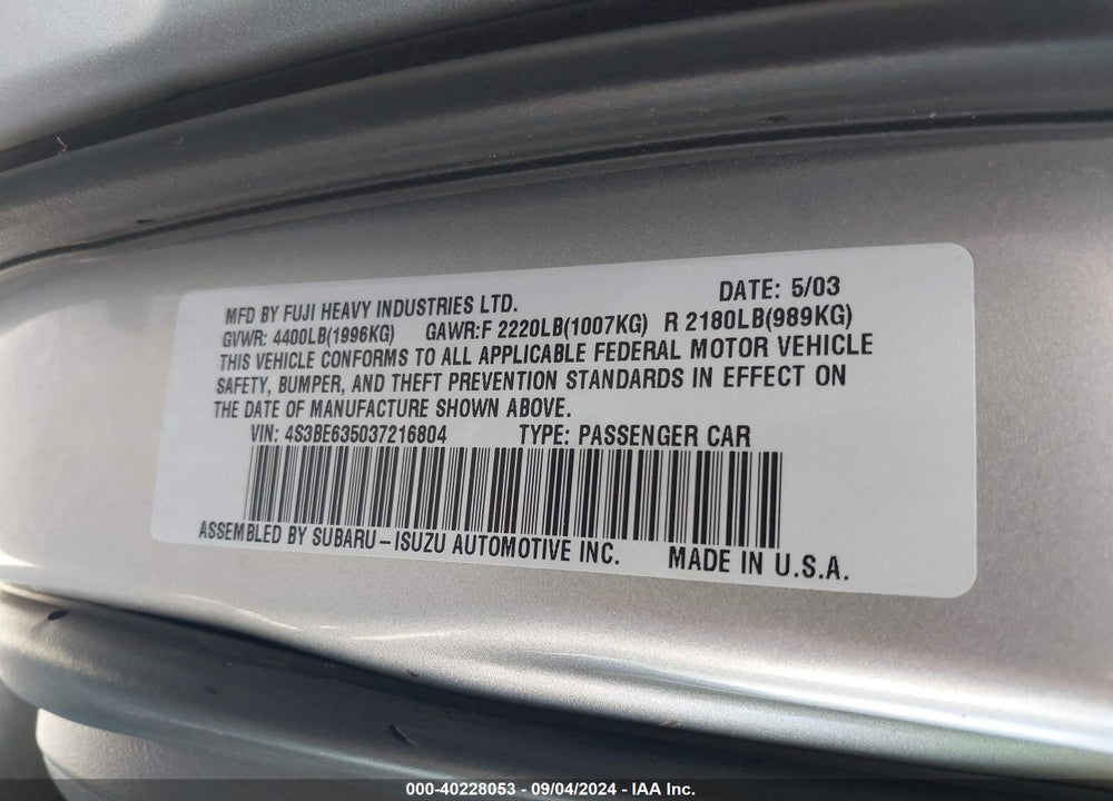 2003 SUBARU LEGACY L/L W/SPECIAL EDITION PACKAGE VIN: 4S3BE635037216804