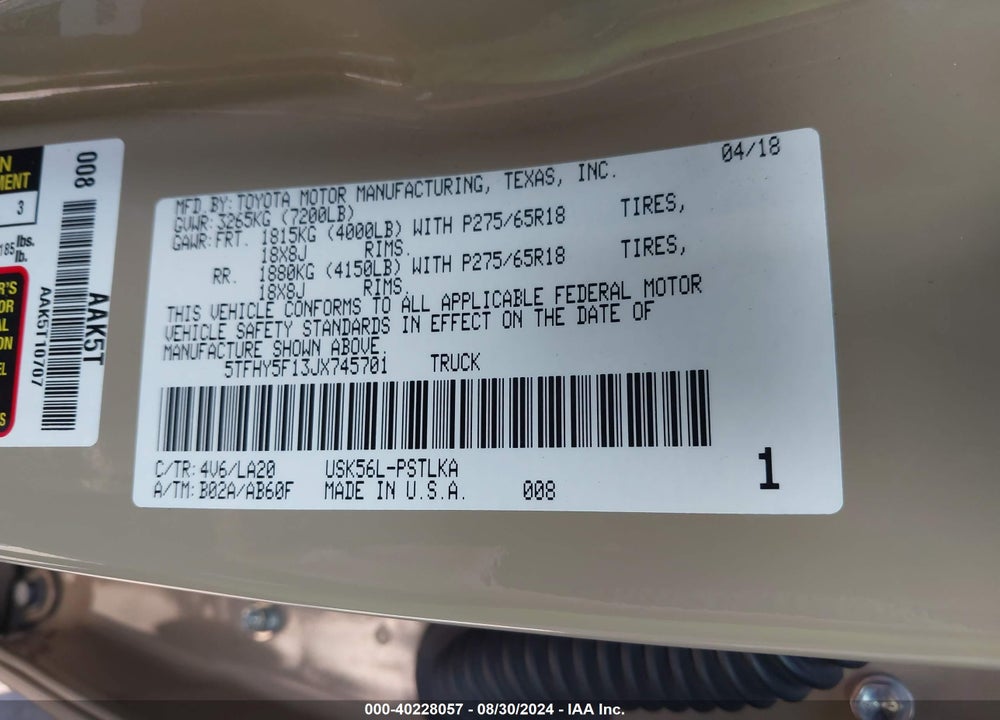 2018 TOYOTA TUNDRA LIMITED 5.7L V8 VIN: 5TFHY5F13JX745701