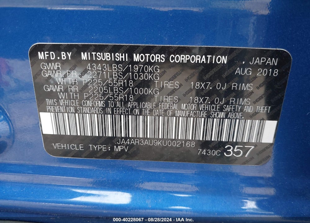 2019 MITSUBISHI OUTLANDER SPORT 2.0 ES VIN: JA4AR3AU9KU002168