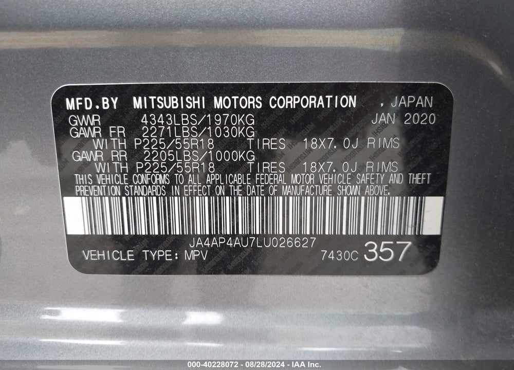 2020 MITSUBISHI OUTLANDER SPORT 2.0 SE VIN: JA4AP4AU7LU026627