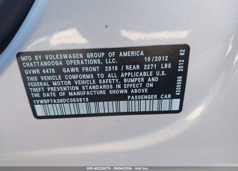 2013 VOLKSWAGEN PASSAT 2.5L SE VIN: 1VWBP7A38DC053813