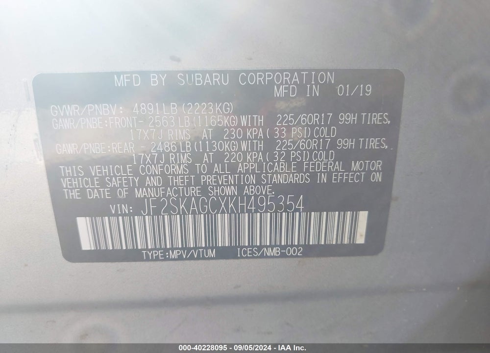 2019 SUBARU FORESTER PREMIUM VIN: JF2SKAGCXKH495354
