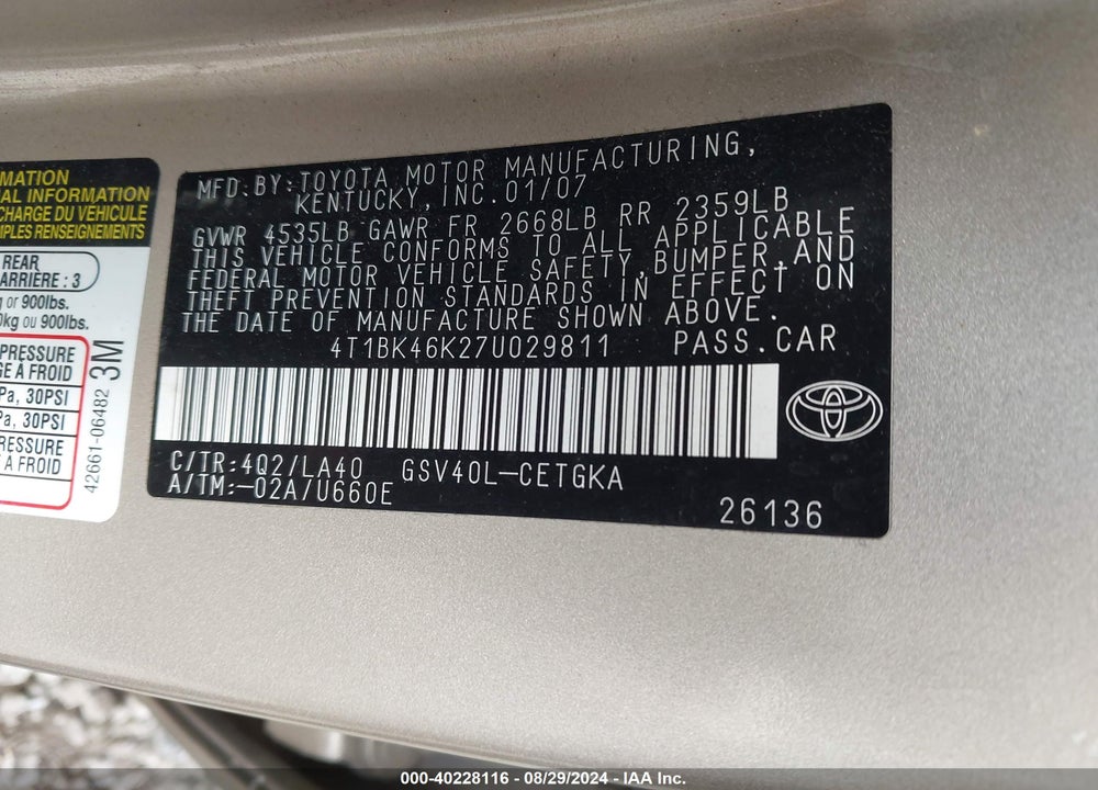 2007 TOYOTA CAMRY XLE V6 VIN: 4T1BK46K27U029811