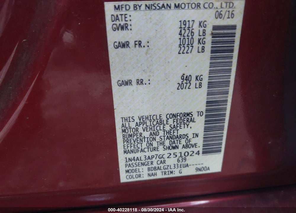 2016 NISSAN ALTIMA 2.5/2.5 S/2.5 SL/2.5 SR/2.5 SV VIN: 1N4AL3AP7GC251024
