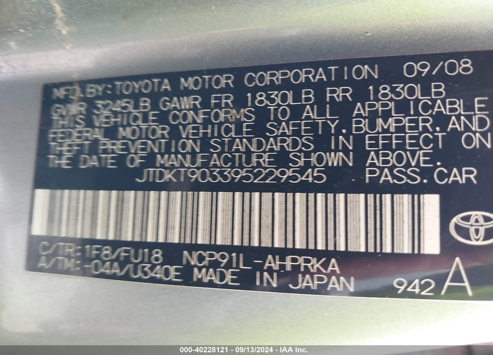 2009 TOYOTA YARIS VIN: JTDKT903395229545