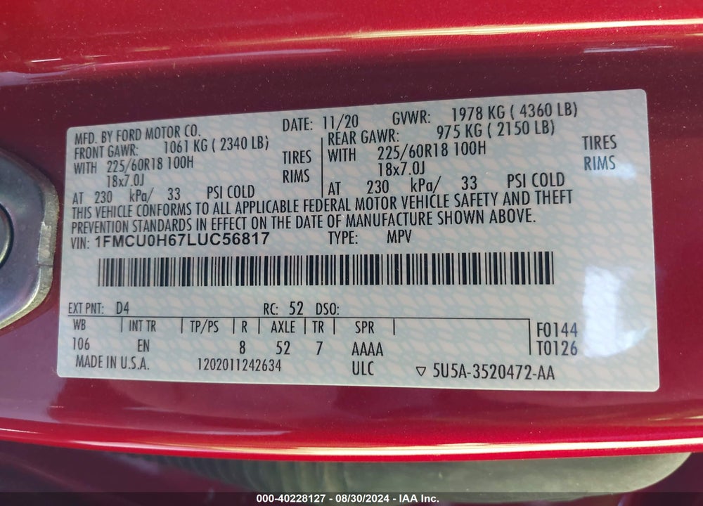 2020 FORD ESCAPE SEL VIN: 1FMCU0H67LUC56817