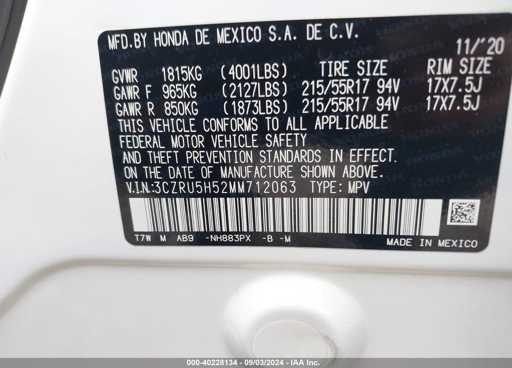 2021 HONDA HR-V 2WD EX VIN: 3CZRU5H52MM712063
