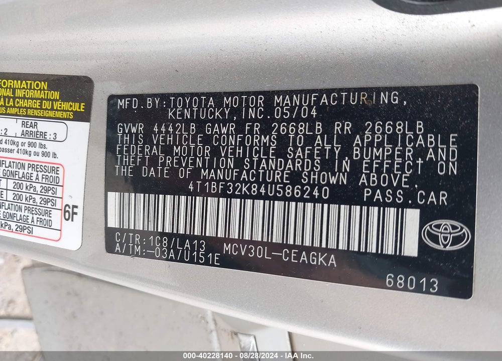 2004 TOYOTA CAMRY XLE V6 VIN: 4T1BF32K84U586240