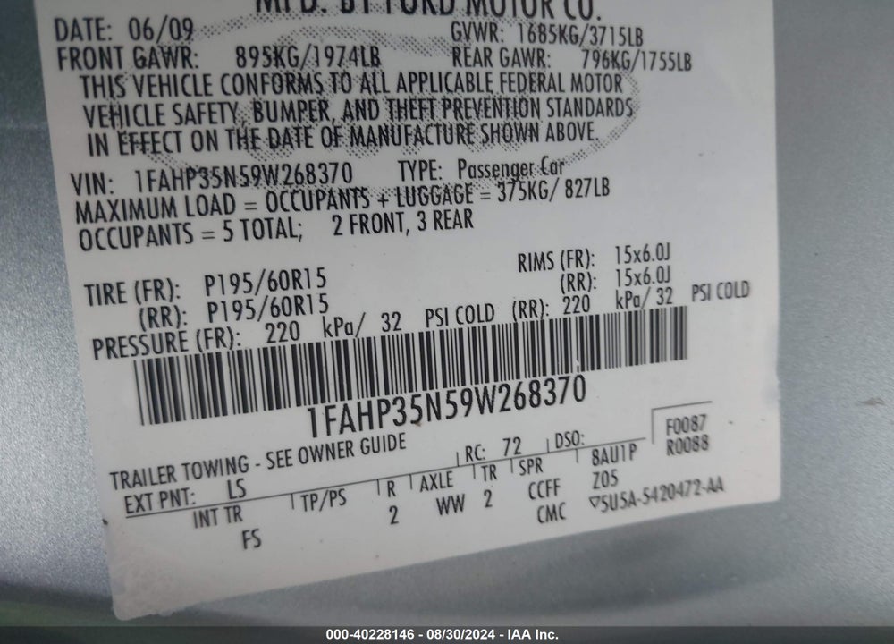 2009 FORD FOCUS SE VIN: 1FAHP35N59W268370