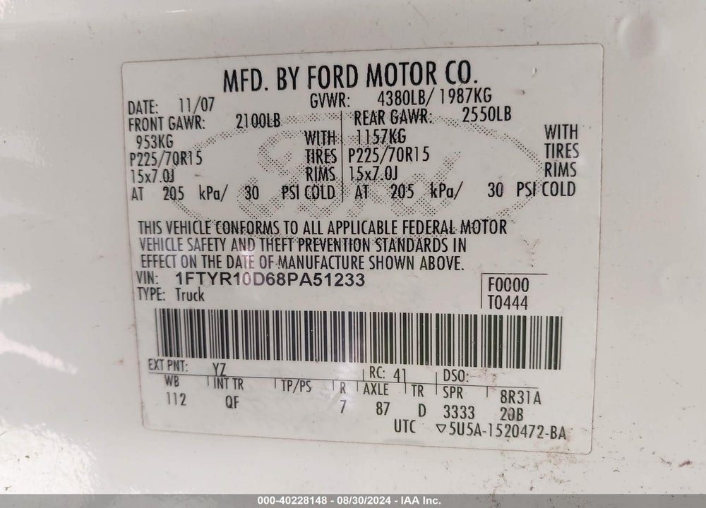 2008 FORD RANGER XL/XLT VIN: 1FTYR10D68PA51233