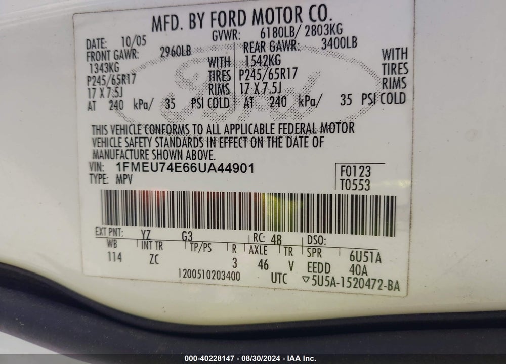 2006 FORD EXPLORER EDDIE BAUER VIN: 1FMEU74E66UA44901