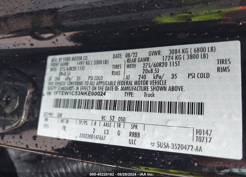 2022 FORD F-150 XLT VIN: 1FTEW1C53NKE60024