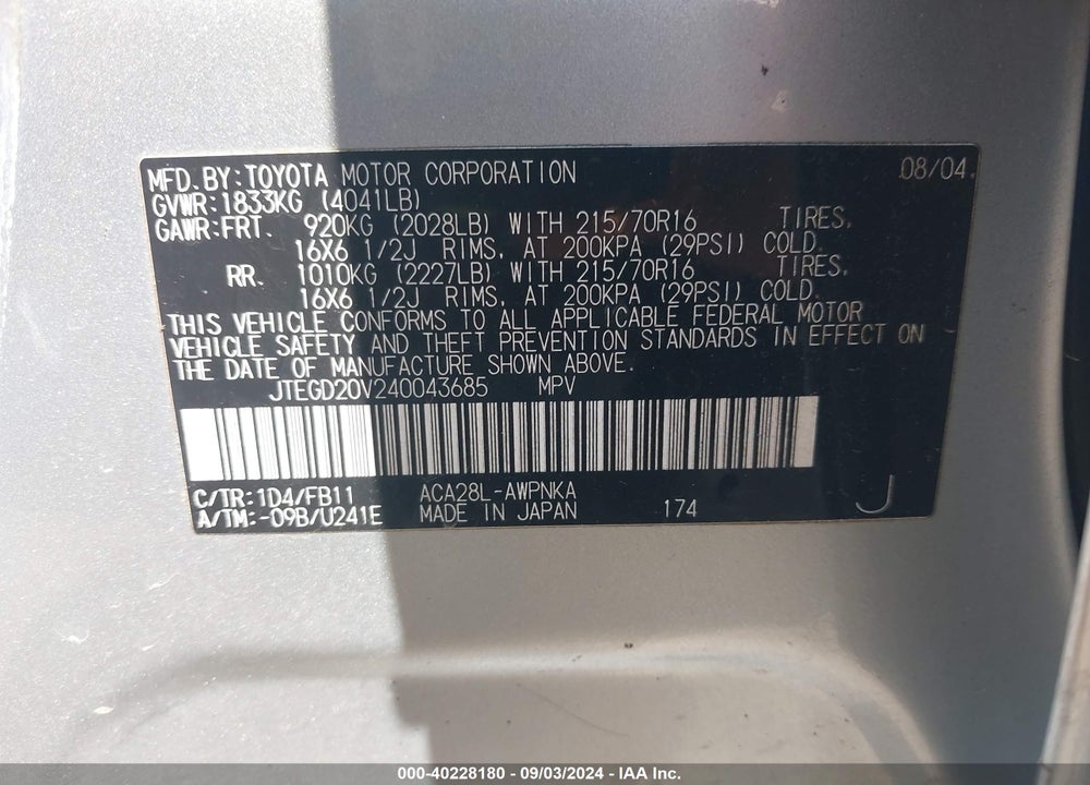 2004 TOYOTA RAV4 VIN: JTEGD20V240043685