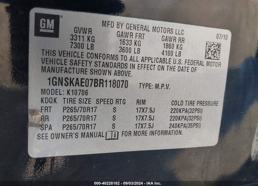2011 CHEVROLET TAHOE LS VIN: 1GNSKAE07BR118070